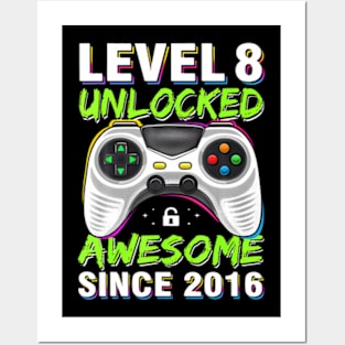 Level 8 Unlocked Awesome Since 2016 8Th Birthday Gaming Boys Posters and Art